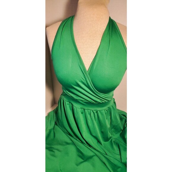 Indie Designer Women Kelly Green Long Stretchy Halter Neck A Line Dress One Size - Picture 1 of 2